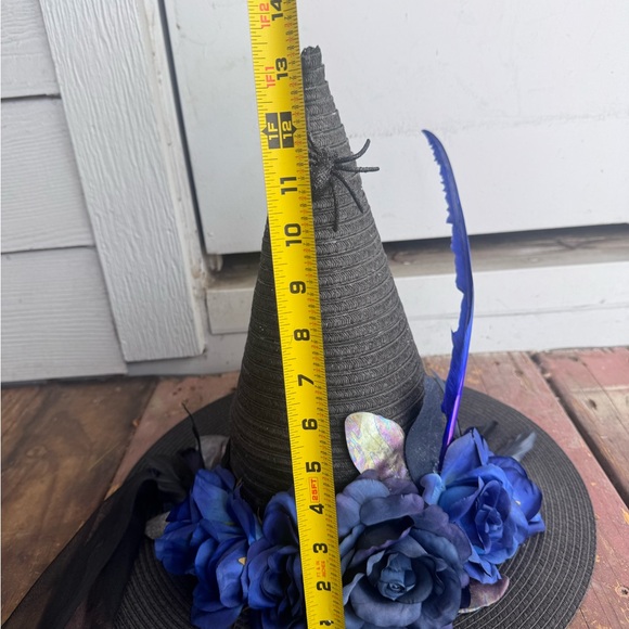 Custom Handmade Black Witch Hat with Blue Floral & Feather Trim main image 8